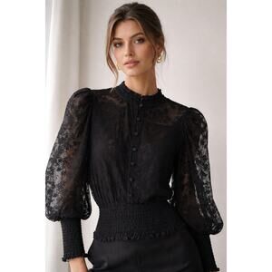 For Love & Lemon Lace Mock Neck Blouse XS Black Sheer Dark Romantic Whimsygoth